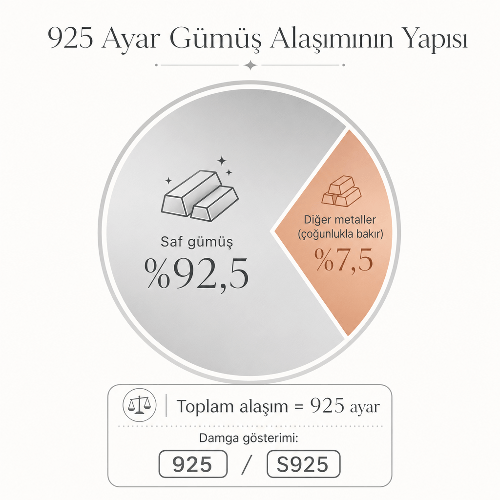 925 ayar gümüşün yüzde 92,5 saf gümüş ve yüzde 7,5 bakır gibi metallerden oluştuğunu gösteren dairesel infografik